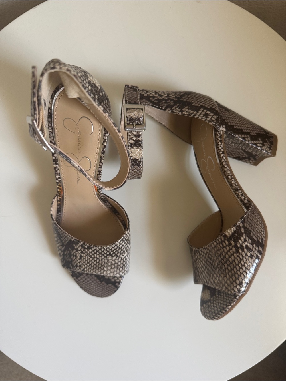 Jessica Simpson Taupe Snake-Print Block Heel Sandals